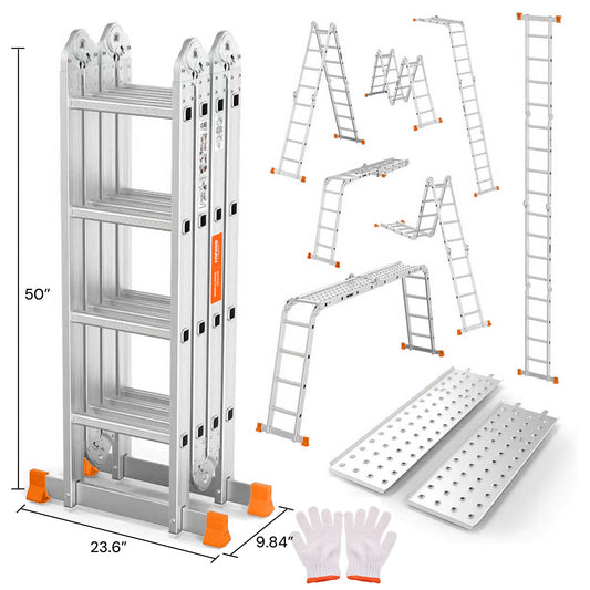 S-7-in-1 Aluminum Folding Ladder | Silver & Orange | Sekamtools