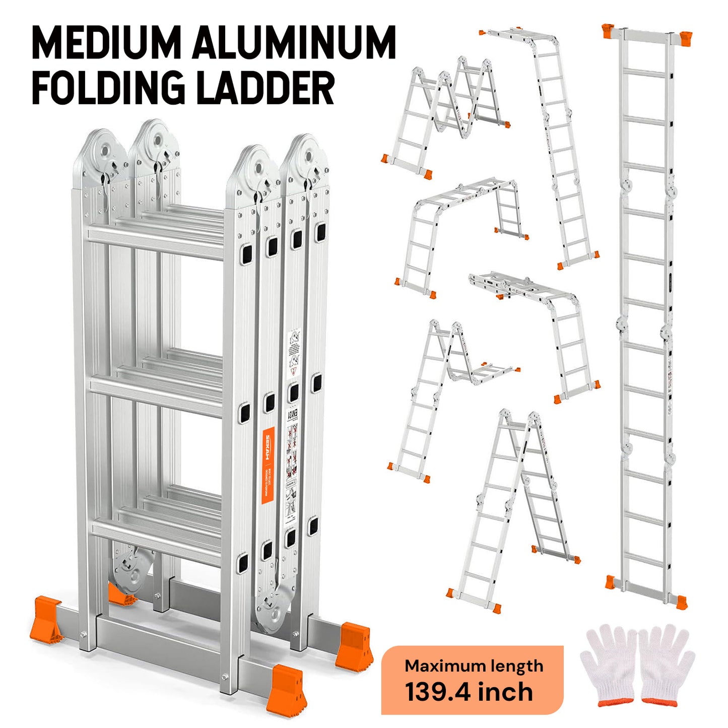 S-7-in-1 Aluminum Folding Ladder | Silver & Orange | Sekamtools