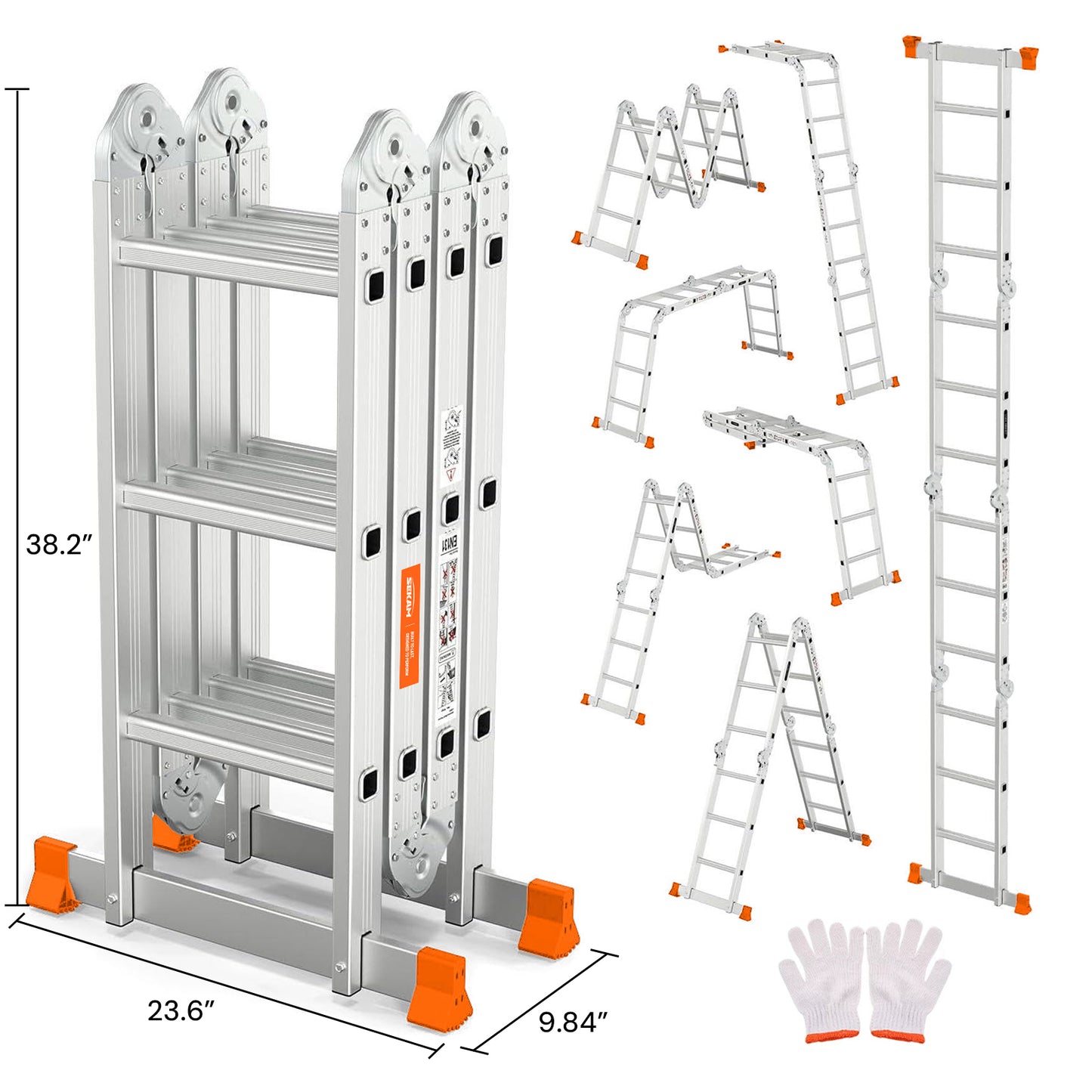 S-7-in-1 Aluminum Folding Ladder | Silver & Orange | Sekamtools