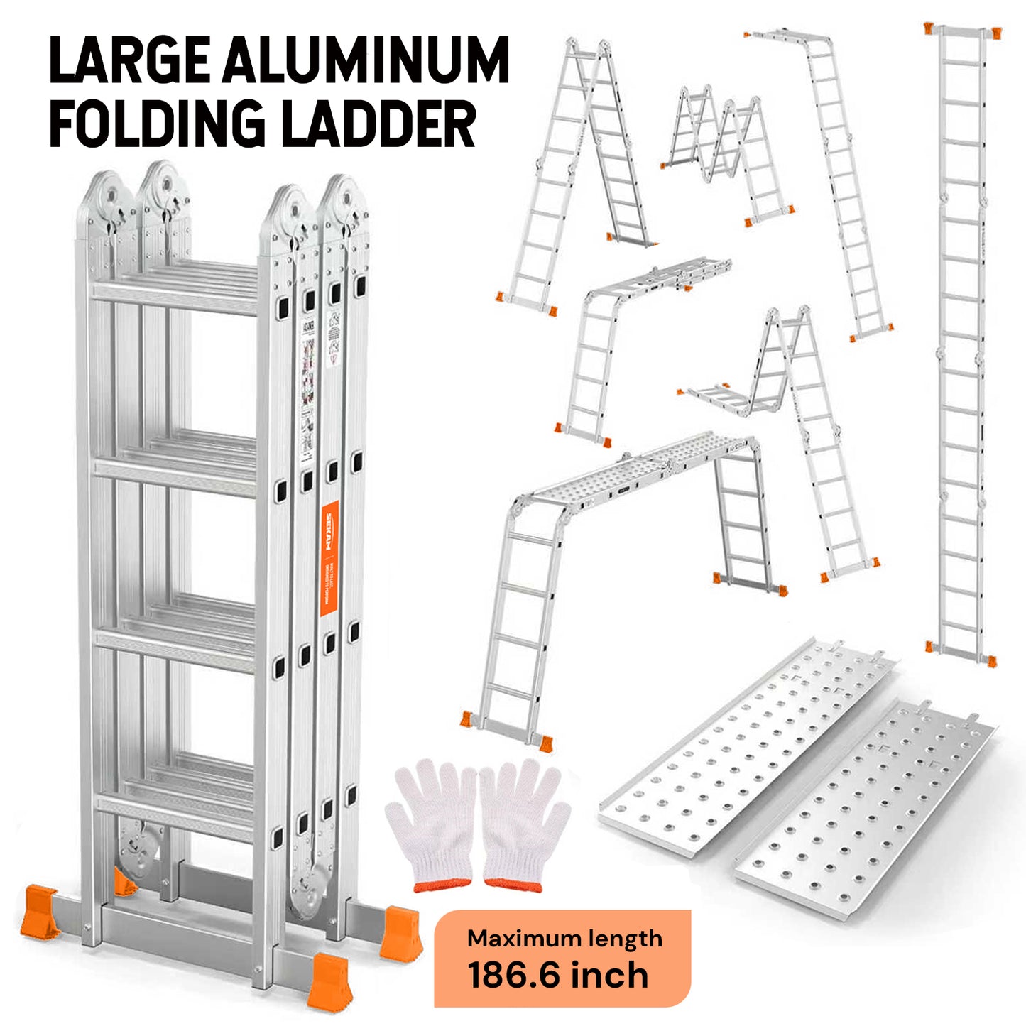 S-7-in-1 Aluminum Folding Ladder | Silver & Orange | Sekamtools