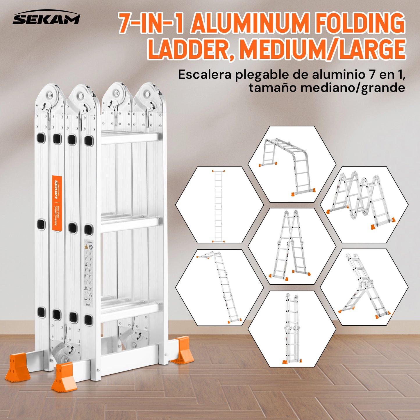S-7-in-1 Aluminum Folding Ladder | Silver & Orange | Sekamtools