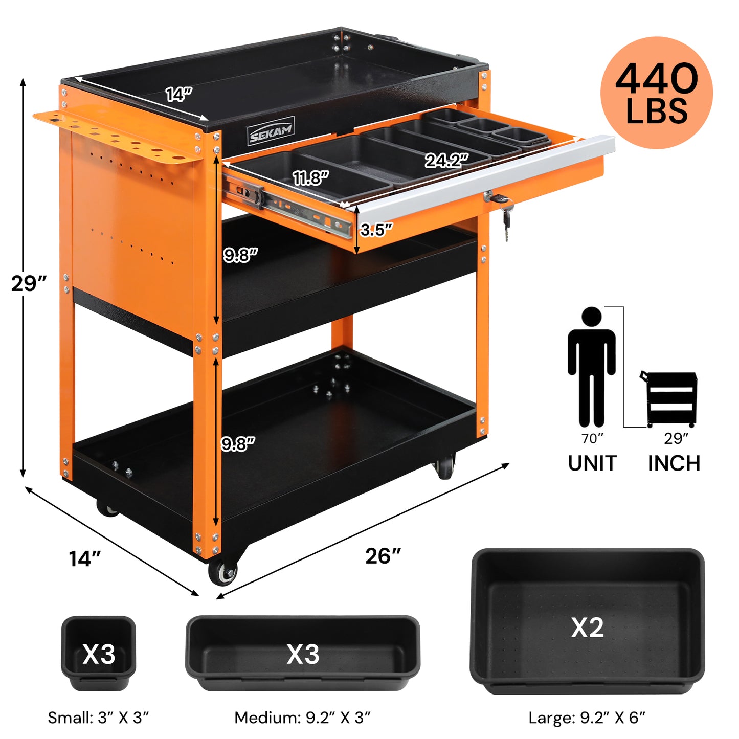 5-Drawer Tool Cart | Orange & Black | Sekamtools