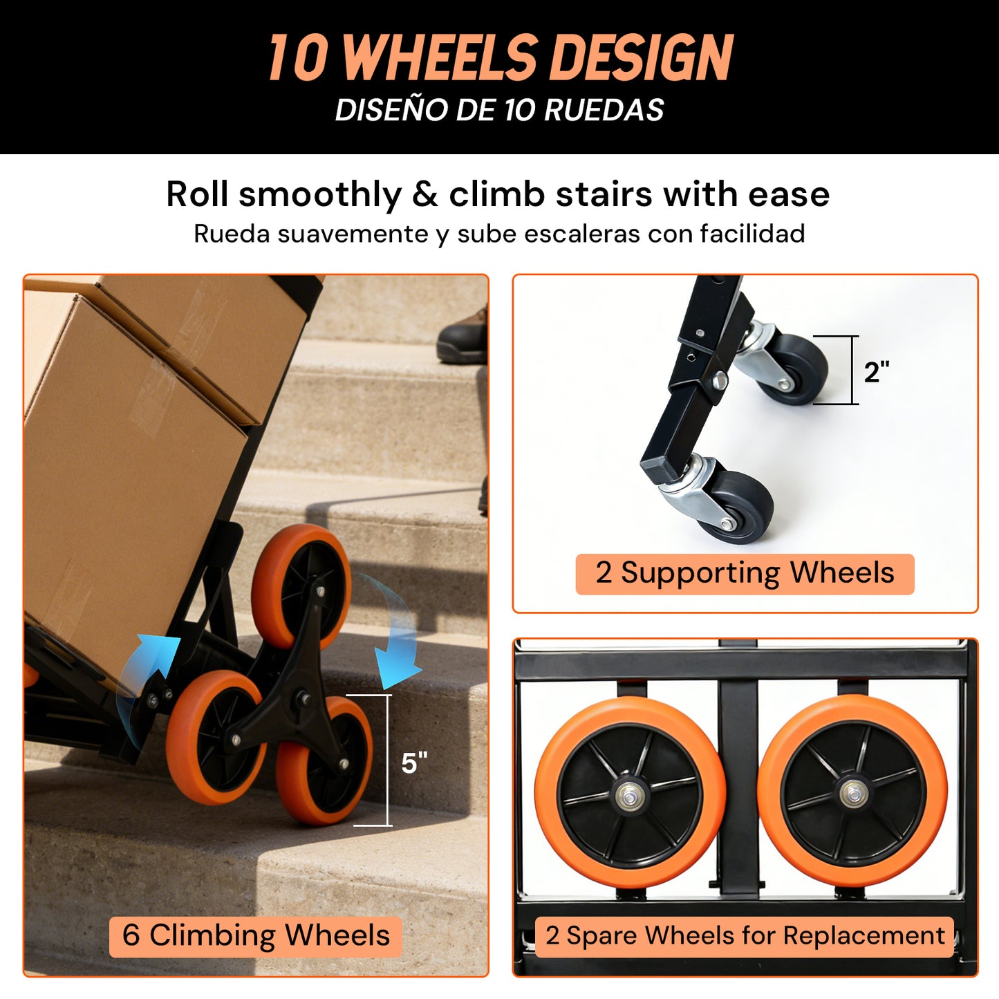 S-8 Wheel Folding Stair Climbing Cart | Orange & Black | Sekamtools
