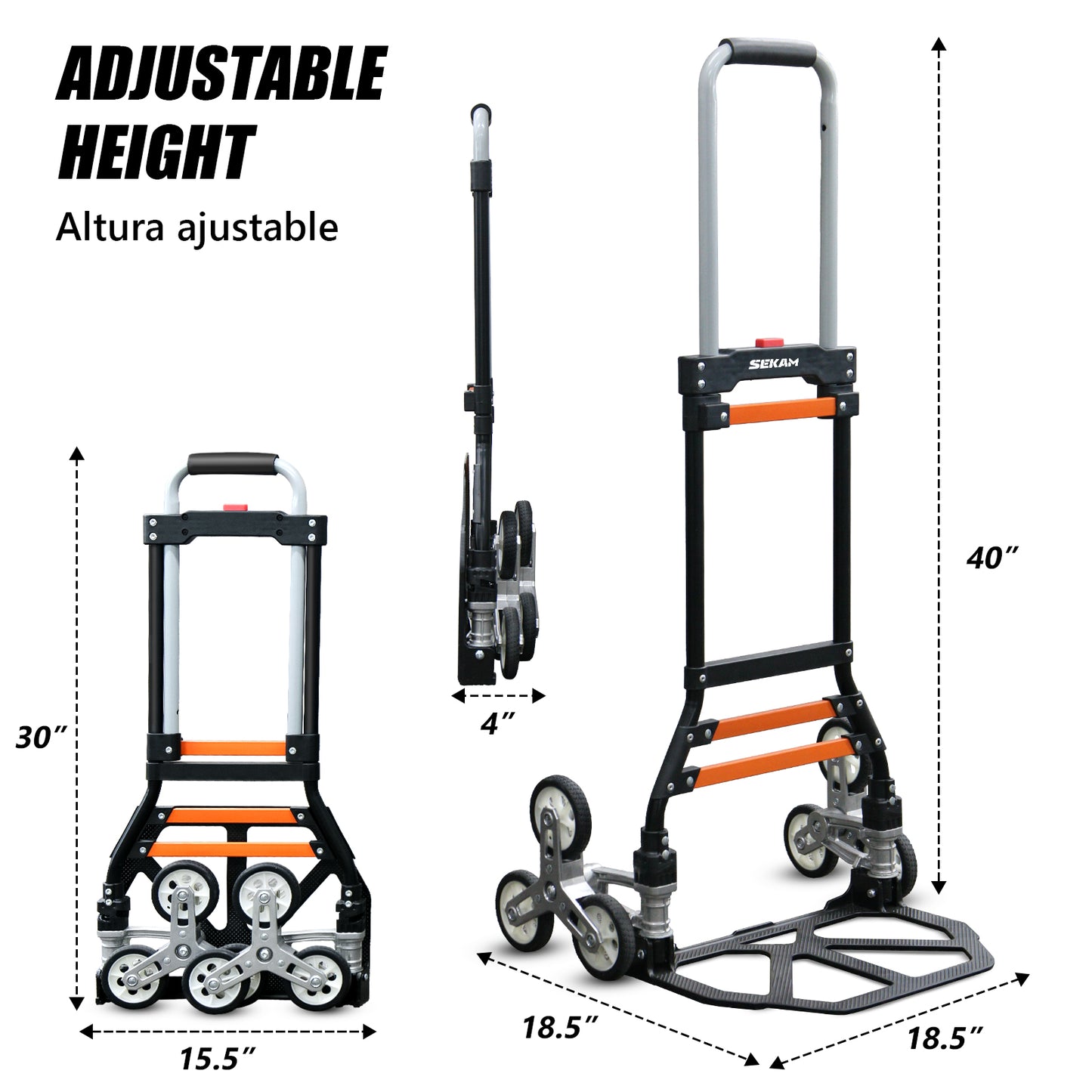 Foldable 6-wheel stair-climbing trolley | Black & Orange | Sekamtools