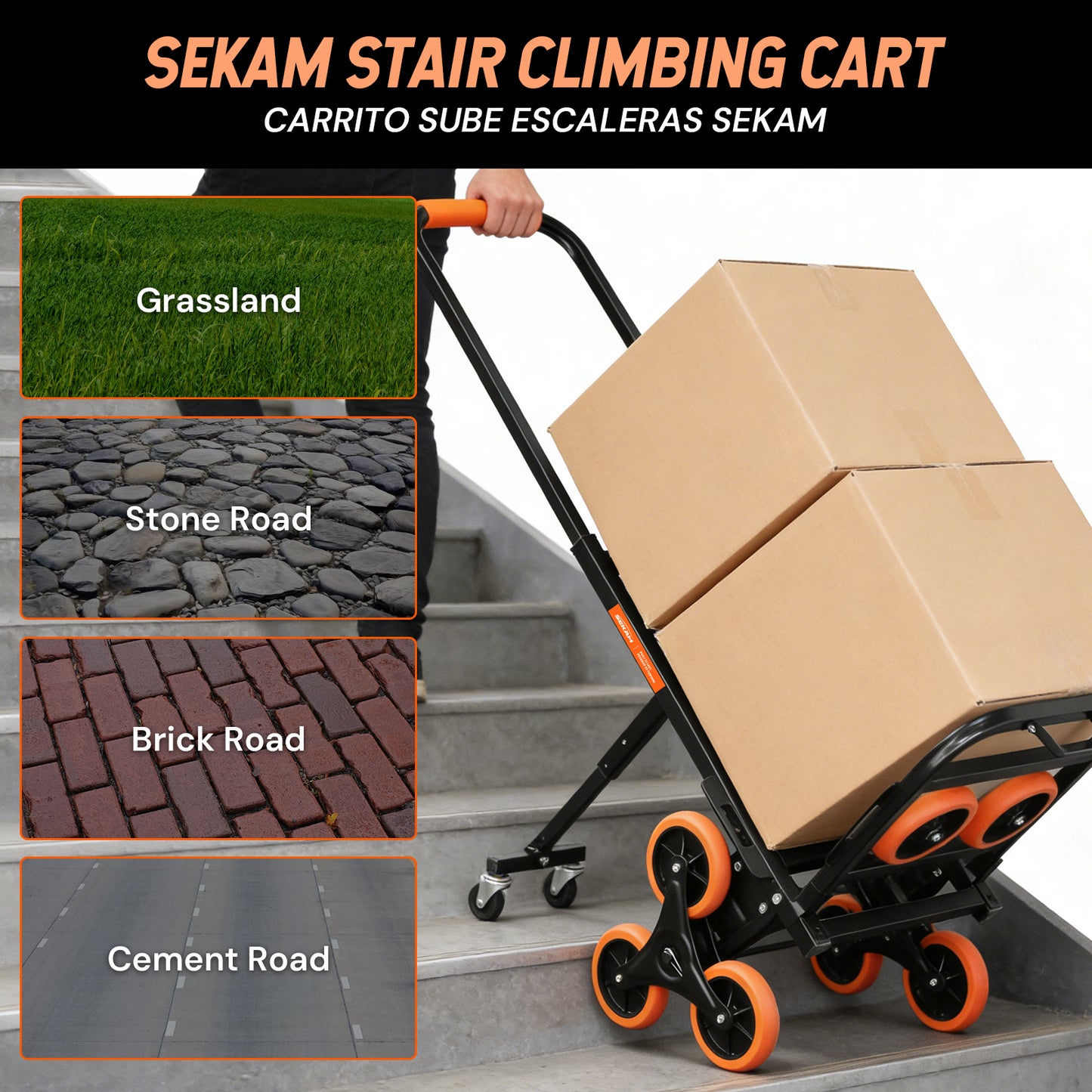 S-8 Wheel Folding Stair Climbing Cart | Orange & Black | Sekamtools
