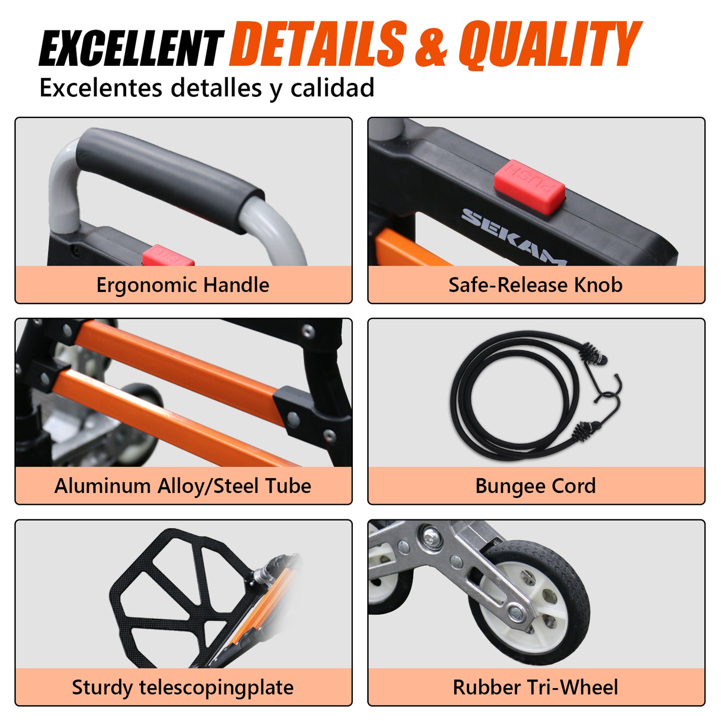 Foldable 6-wheel stair-climbing trolley | Black & Orange | Sekamtools