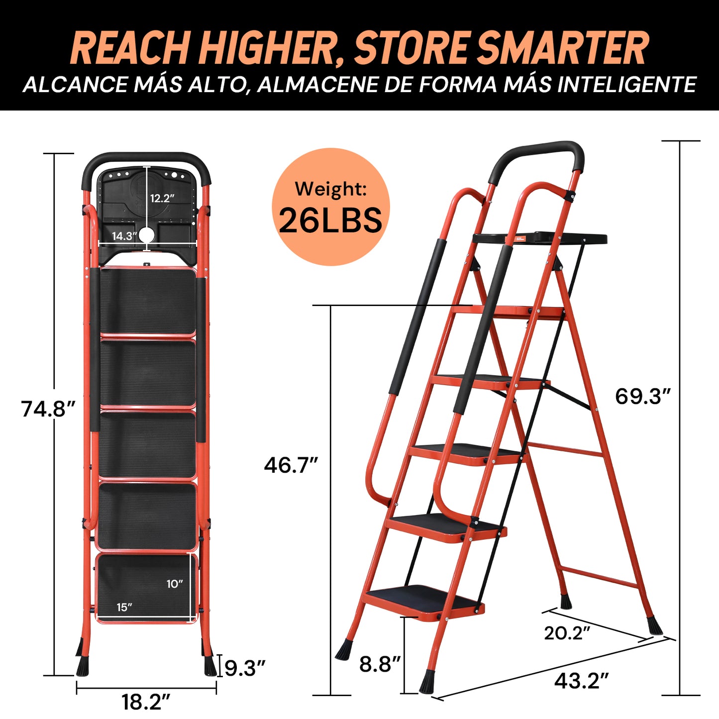 5 Step Ladder with Tool Platform | Orange | Sekamtools