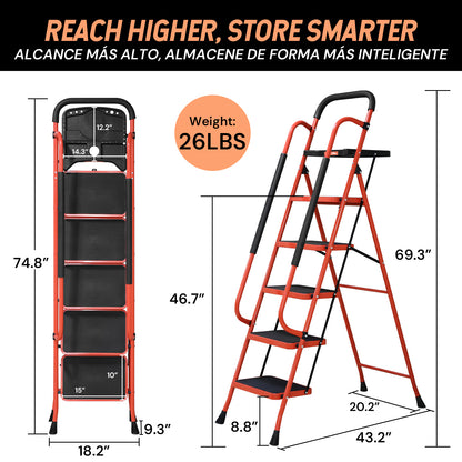 5 Step Ladder with Tool Platform | Orange | Sekamtools