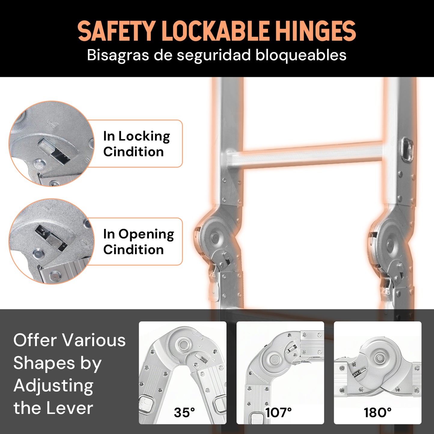 S-7-in-1 Aluminum Folding Ladder | Silver & Orange | Sekamtools