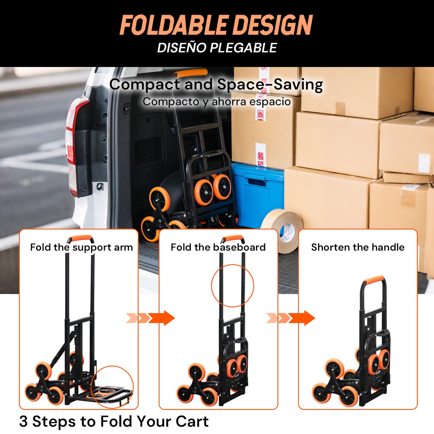 S-8 Wheel Folding Stair Climbing Cart | Orange & Black | Sekamtools