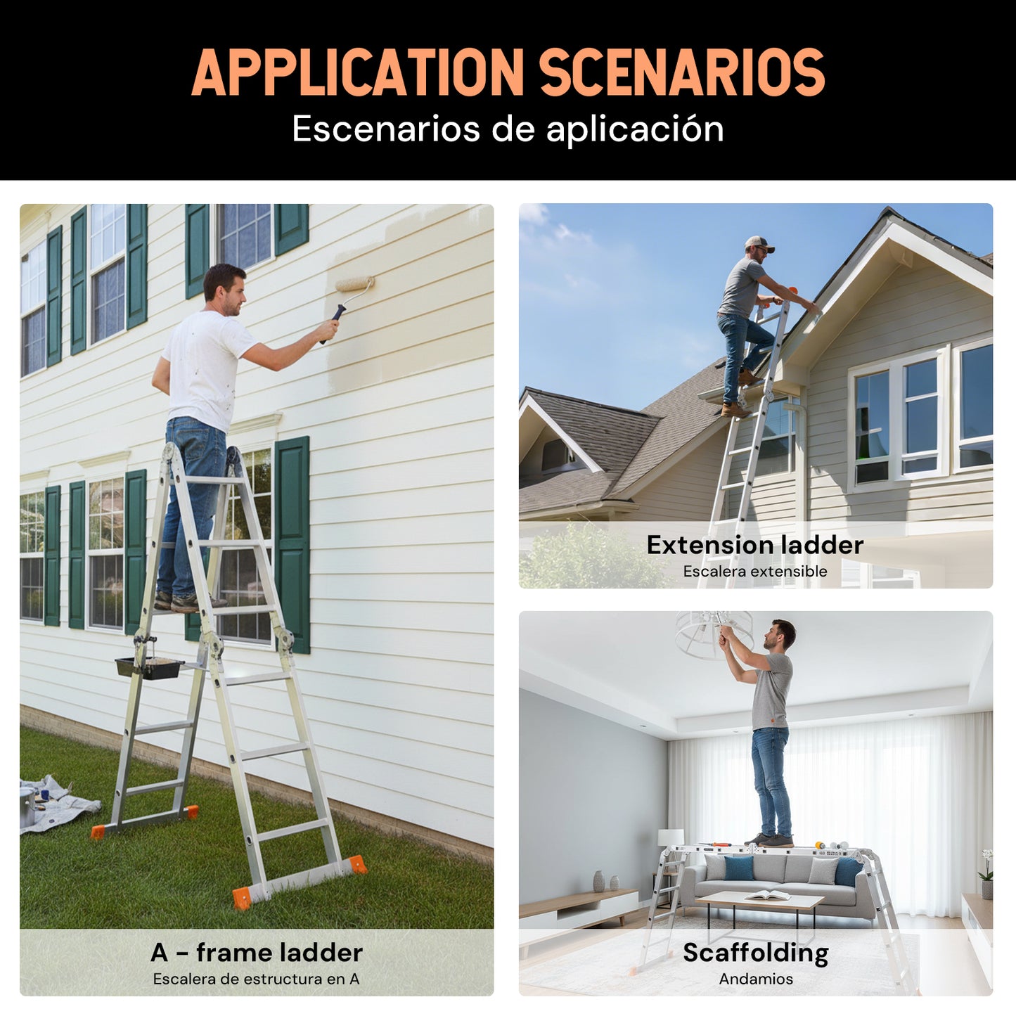 S-7-in-1 Aluminum Folding Ladder | Silver & Orange | Sekamtools