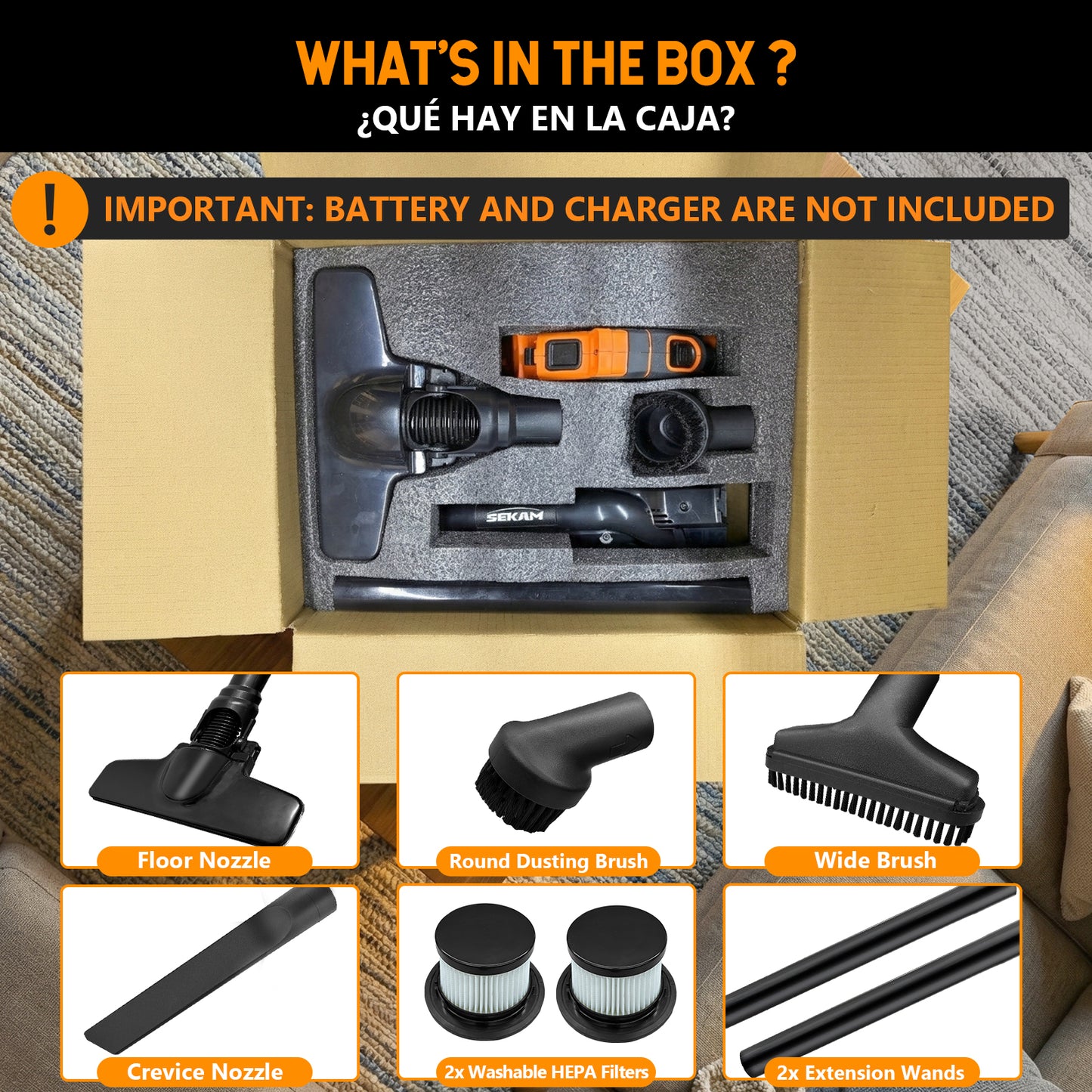 Cordless Vacuum Cleaner | Orange & Black | Sekamtools