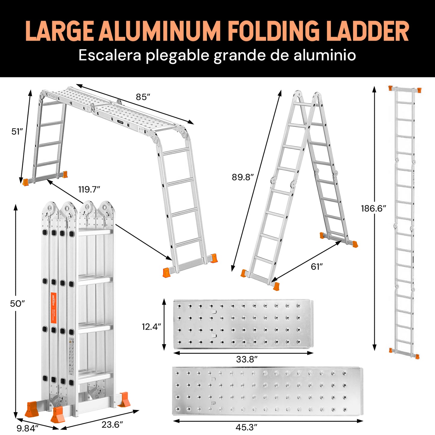 S-7-in-1 Aluminum Folding Ladder | Silver & Orange | Sekamtools